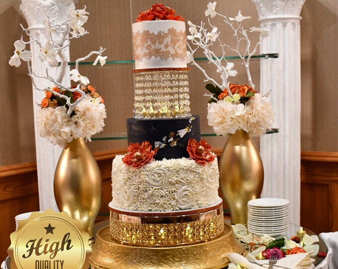 Round Acrylic Crystal Wedding/Party Cake Stand Kit with crystals and LED lights. For cake sizes 6" 7" 8" 9" 10" 11" 12" 14" 16"