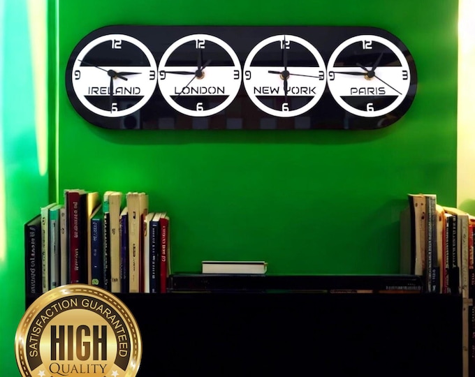 Rounded Retro Design TWO, THREE or FOUR Acrylic Time Zone or Family Names or Places Clocks - Custom Colours, Shapes Sizes and Wood Finishes