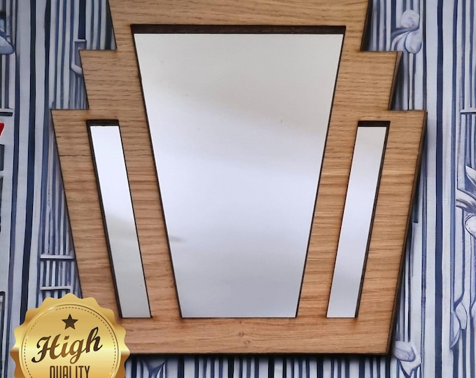 Art Deco Wooden Mirror: Rectangle Fan Design, Oak/Walnut/Cherry