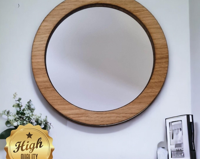 Round Wooden Framed Mirrors, Choice of Oak, Walnut or Cherry, Hooks included, Custom Sizes Shapes Colours Made