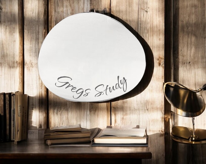 Round Pebble Shaped Mirrors with White Backing & Hooks, Bespoke Shapes Made, Engraving Services