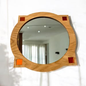 Deco Round Acrylic Mirror: Oak Veneer Frame, Custom Sizes