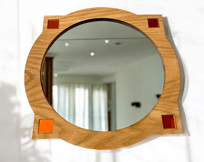 Deco Round Acrylic Mirror: Oak Veneer Frame, Custom Sizes