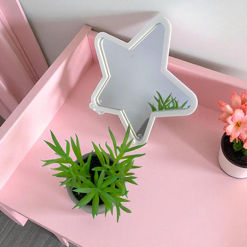 May include: A white star-shaped mirror with a reflective surface is mounted on a pink surface. A small potted green plant and a small potted pink flowering plant are also on the pink surface. The scene is brightly lit.