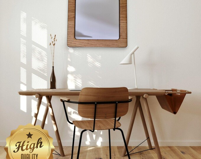 Rounded Corner Square Wooden Framed Mirrors, Choice of Oak, Walnut or Cherry, Hooks included, Custom Sizes Shapes Colours Made