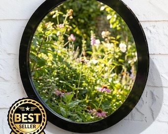 Colour framed round garden mirrors - shatterproof acrylic, eco-friendly, laser-polished edges, indoor and outdoor use