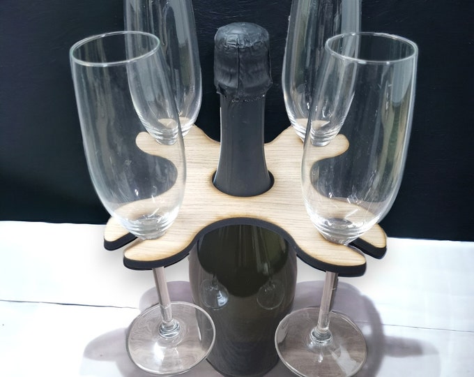 Customised Four Wine Glasses Holder for Champagne & Wine Bottles, Choice of Woods and acrylic colours. Bespoke Shapes Made 20x20cm 8"x8"