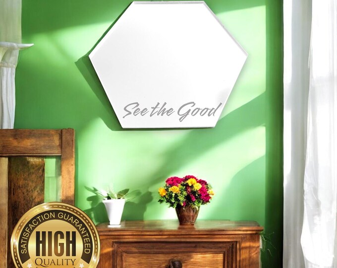 Hexagon Shaped Mirrors with White Backing & Hooks, Bespoke Shapes, Sizes Made, Engraving Services