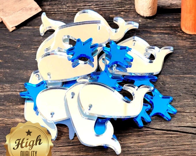 Whale Shaped Crafting Mirrors, Custom Colours, Woods, Sizes, Shapes, (Holes for Jewellery or hoops for invites) Packs of 10