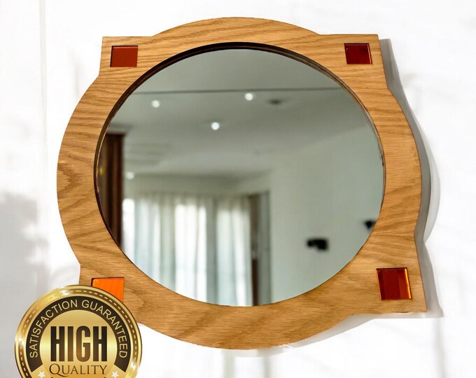 Deco Round Design Wooden Framed Mirrors, Choice of Oak, Walnut or Cherry, Hooks included, Custom Sizes Shapes Colours Made