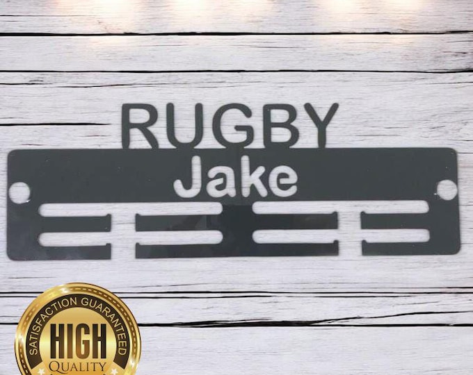 Rugby Medal Hangers, With Customised Name, Sport, Colours & Woods, Includes all Fixings, Large Sizes Made
