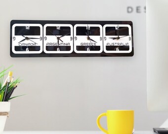 Bespoke Square 1960's Design TWO, THREE or FOUR Acrylic Time Zone Clocks - Many Colour Choices, Bespoke Shapes & Sizes Made