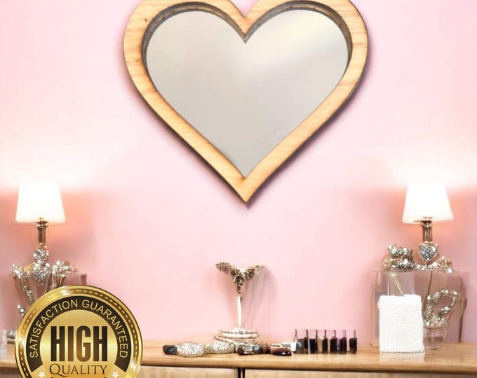 Heart Wooden Framed Mirrors, Choice of Oak, Walnut or Cherry, Hooks included, Custom Sizes Shapes Colours Made