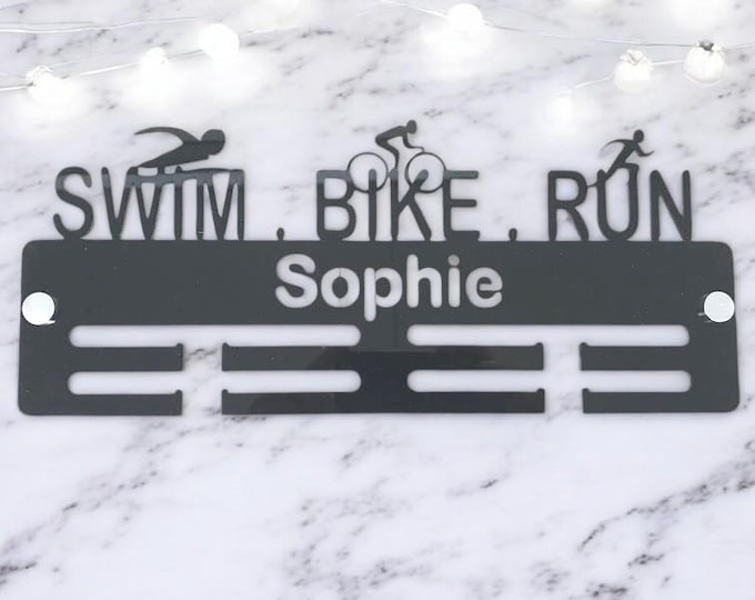Personalized Triathlon Medal Hanger: Swim Bike Run, Custom Colors