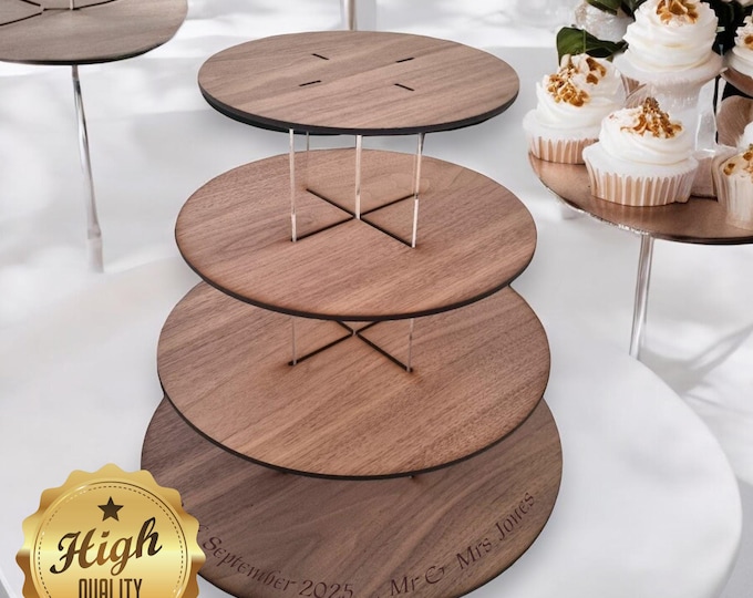 Round or Square Oak Veneer Wedding Party Cake Stands, 3 to 7 tiers, Custom Sizes & engraving service