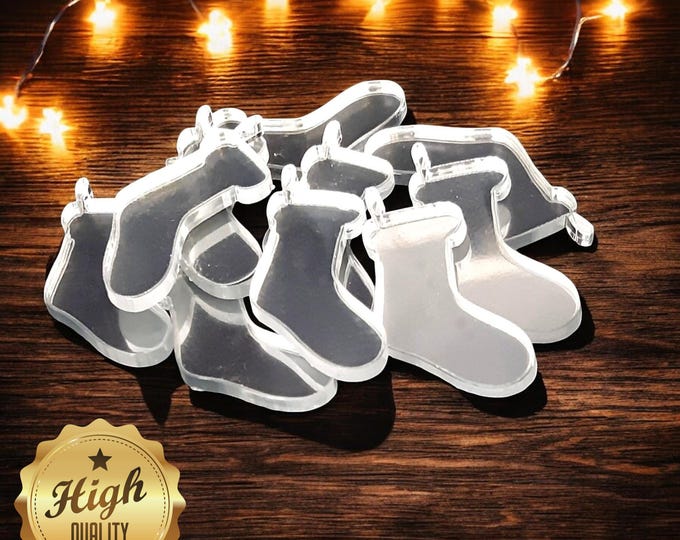 Christmas Stocking Shaped Crafting Mirrors, Custom Colours, Woods, Sizes, Shapes, (Holes for Jewellery or hoops for invites) Packs of 10