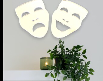 Pair of Theatre Janus Mask Mirrors - Comedy and Tragedy Shaped, Many Sizes, Colours and Engraving Services