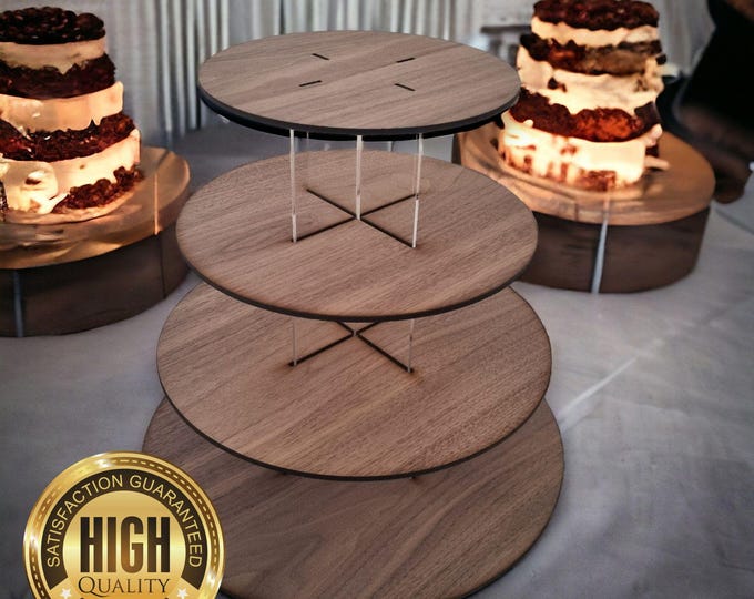 Round or Square Oak Veneer Wedding Party Cake Stands, 3 to 7 tiers, Custom Sizes & engraving service