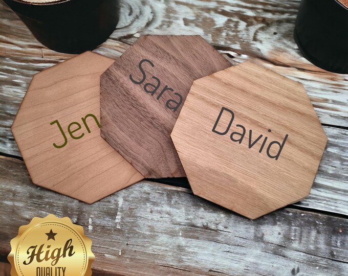 Octagon Wooden Finish Coasters, Sets of 4, 6 or 8 (12cm 4.5"), Wood Colour Options. (Engraving Services)