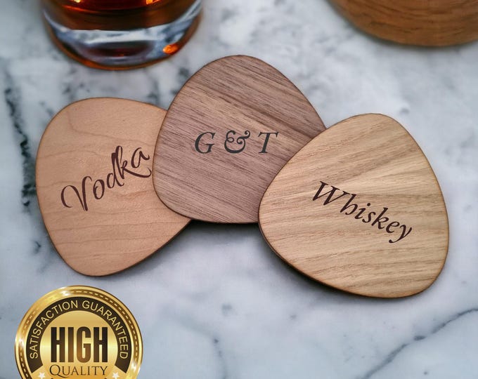 Pebble Wooden Finish Coasters, Sets of 4, 6 or 8 (12cm 4.5"), Wood Colour Options. (Engraving Services)