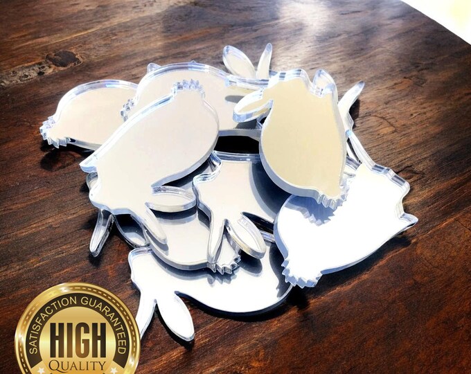 Rabbit ShapedShaped Crafting Mirrors, Custom Colours, Woods, Sizes, Shapes, (Holes for Jewellery or hoops for invites) Packs of 10