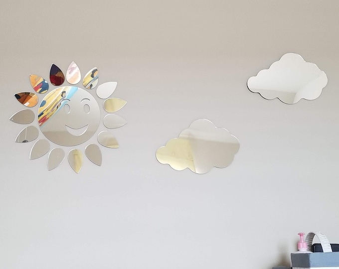 Smiley Sun & Clouds Mirrors (1 x Sun and 2 x Clouds), Custom Colours, Sizes, Shapes, Sizes up to 40cm