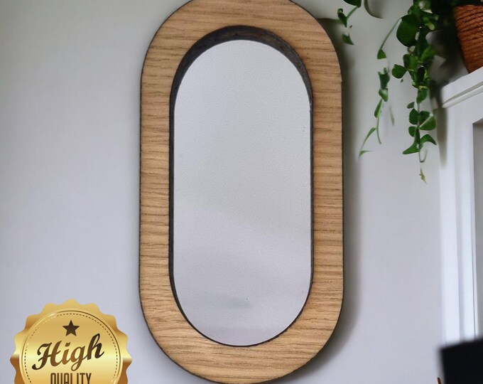 Pill Shaped Wooden Framed Mirrors, Choice of Oak, Walnut or Cherry, Hooks included, Custom Sizes Shapes Colours Made