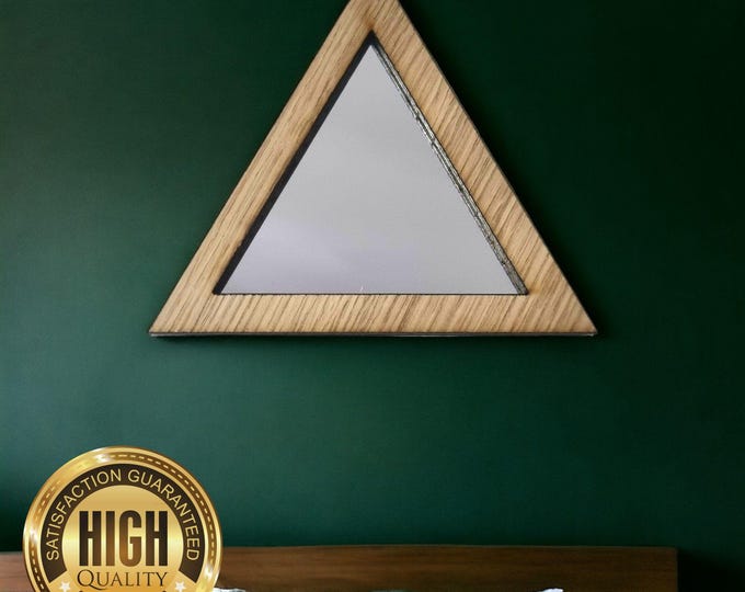 Triangle Wooden Framed Mirrors, Choice of Oak, Walnut or Cherry, Hooks included, Custom Sizes Shapes Colours Made