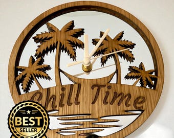 Wood & Mirror Palm Trees Round Clock Silent Sweep, Custom Finish