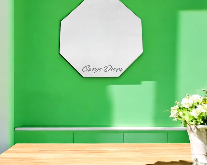 Octagon Shaped Mirrors with White Backing & Hooks, Bespoke Shapes Made, Engraving Services