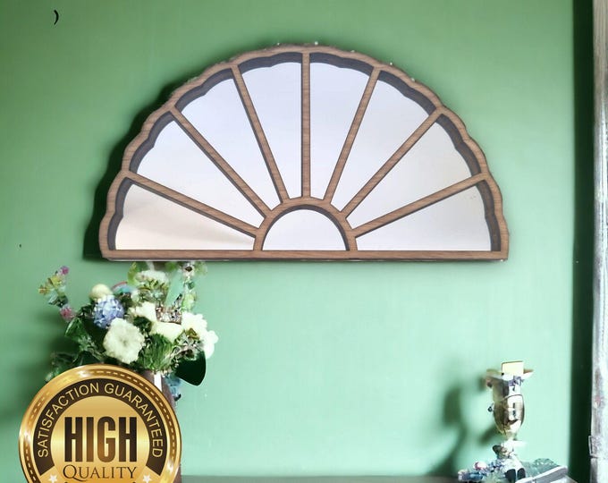 Art Deco Wooden Fan Mirrors, Choice of Oak, Walnut or Cherry, Hooks included, Custom Sizes Shapes Colours Made