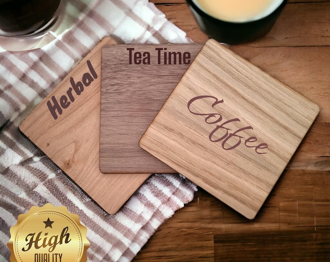 Square Wooden Coasters: Engraved Veneer Coasters, Sets of 4/6/8