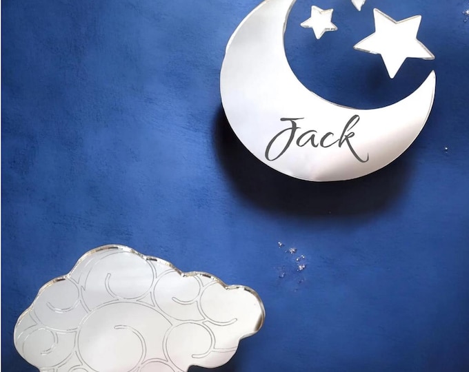 Custom Engraved Cloud Mirrors with Moon & Stars, Various Colours, Shapes - Sizes, Eco-Friendly Acrylic, Hanging Instructions Included