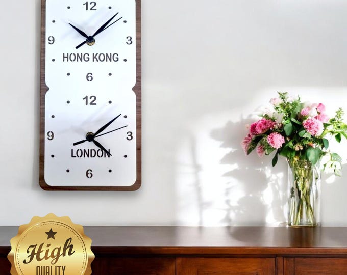 Bespoke Vertical Square TWO, THREE, or FOUR Time Zone Clocks (Your Names or Countries/Places) - Custom Colours and Woods, Bespoke Sizes Made