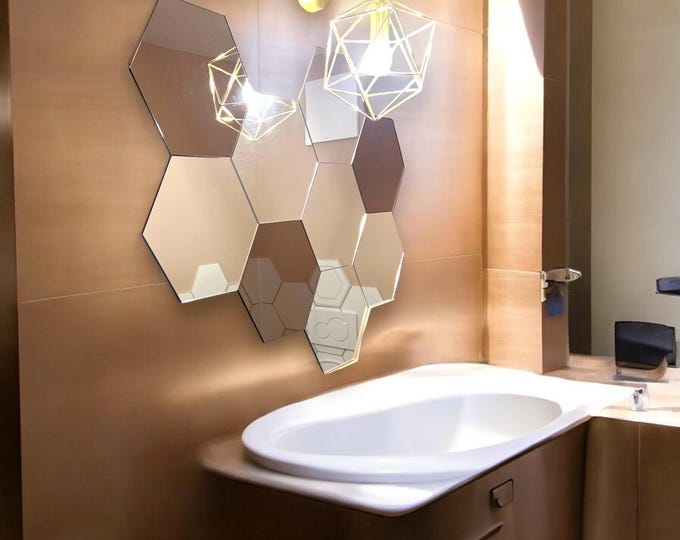 Hexagon Shaped Mirrors, Packs of Ten. Custom Colours, Sizes, Shapes & Wood Finishes