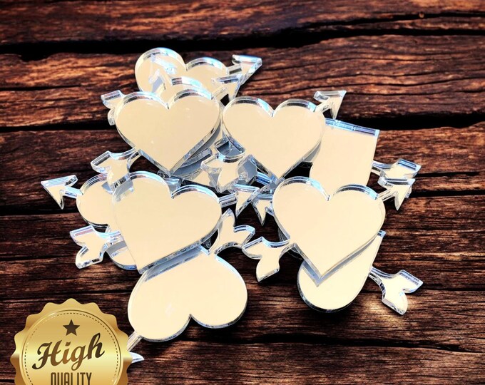 Love Heart & Arrow Shaped Crafting Mirrors, Custom Colours, Woods, Sizes, Shapes, (Holes for Jewellery or hoops for invites) Packs of 10