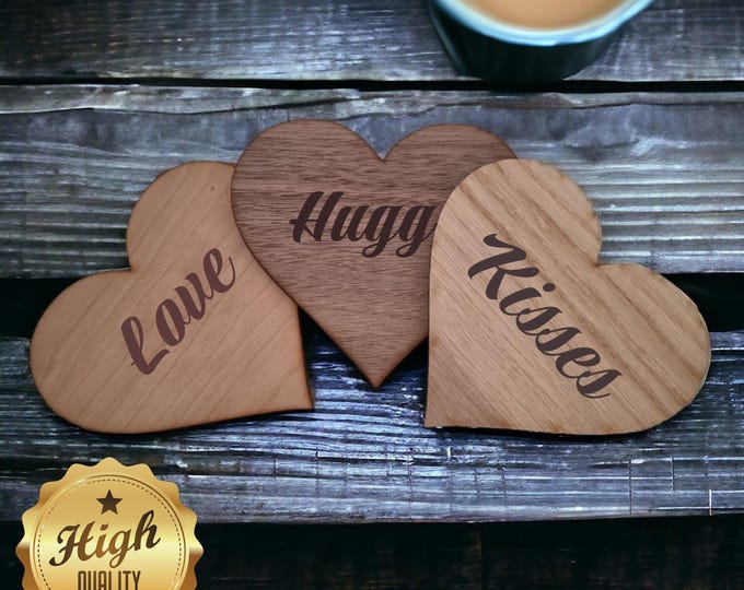 Heart Wooden Finish Coasters, Sets of 4, 6 or 8 (12cm 4.5"), Wood Colour Options. (Engraving Services)