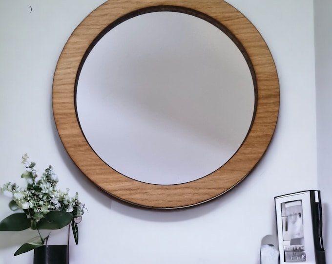 Round Wooden Framed Mirror: Oak, Walnut, or Cherry Veneer
