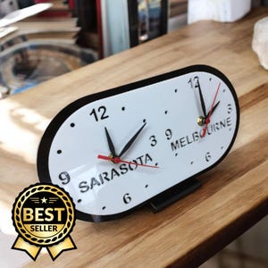 Reloj personalizado con dos zonas horarias: nombres de ciudades y países personalizados