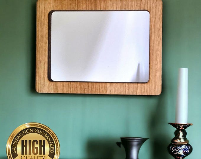 Rectangular Wooden Framed Mirrors, Choice of Oak, Walnut or Cherry, Hooks included, Custom Sizes Shapes Colours Made (Rounded Corners)
