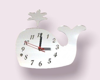 Whale Shaped Clocks - Many colour mirrors and solid colour choices,  Personalised Engraving and Bespoke Shapes & Sizes Made