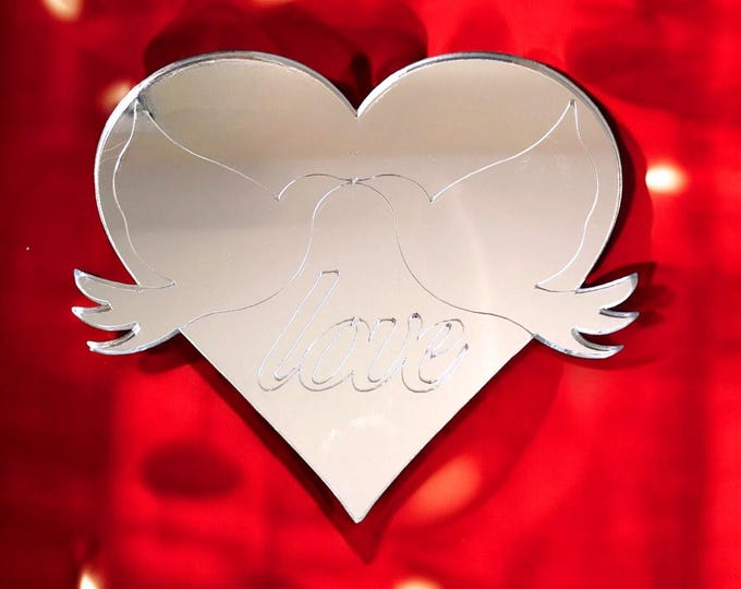 Heart & Doves Love Mirrors, Custom Colours, Sizes, Shapes, Engraving Services, Sizes up to 40cm
