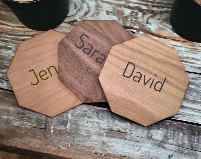 Engraved Octagon Wood Coasters: Personalized Wooden Finish Coasters