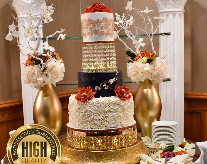 Round Acrylic Crystal Wedding/Party Cake Stand Kit with crystals and LED lights. For cake sizes 6" 7" 8" 9" 10" 11" 12" 14" 16"