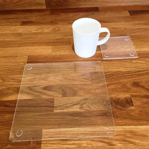 Square Placemats & Coasters in Clear Gloss Finish Acrylic 3mm Bespoke  Shapes / Sizes Made, Engraved Option Available. 