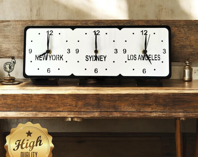 Custom Three Time Zone Acrylic Clock: Personalized Family Names, Silent Sweep
