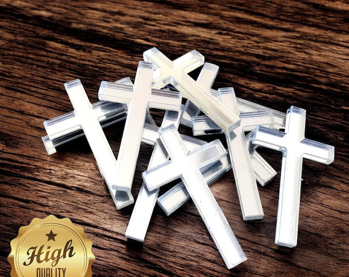 Christian Cross Shaped Crafting Mirrors, Custom Colours, Woods, Sizes, Shapes, (Holes for Jewellery or hoops for invites) Packs of 10