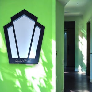 Art Deco Pentagon Shaped Mirrors with a Colour Frame of your choice & Hooks, Bespoke Shapes Made (Engraving Services)