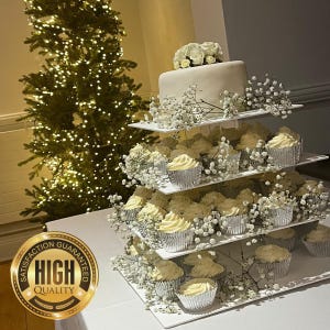 Square White or Clear Wedding & Party Cup Cake Stands.  Bespoke sizes and coloured stands made