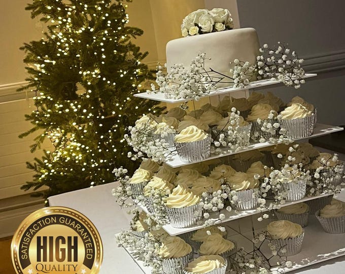Square White or Clear Wedding & Party Cup Cake Stands.  Bespoke sizes and coloured stands made